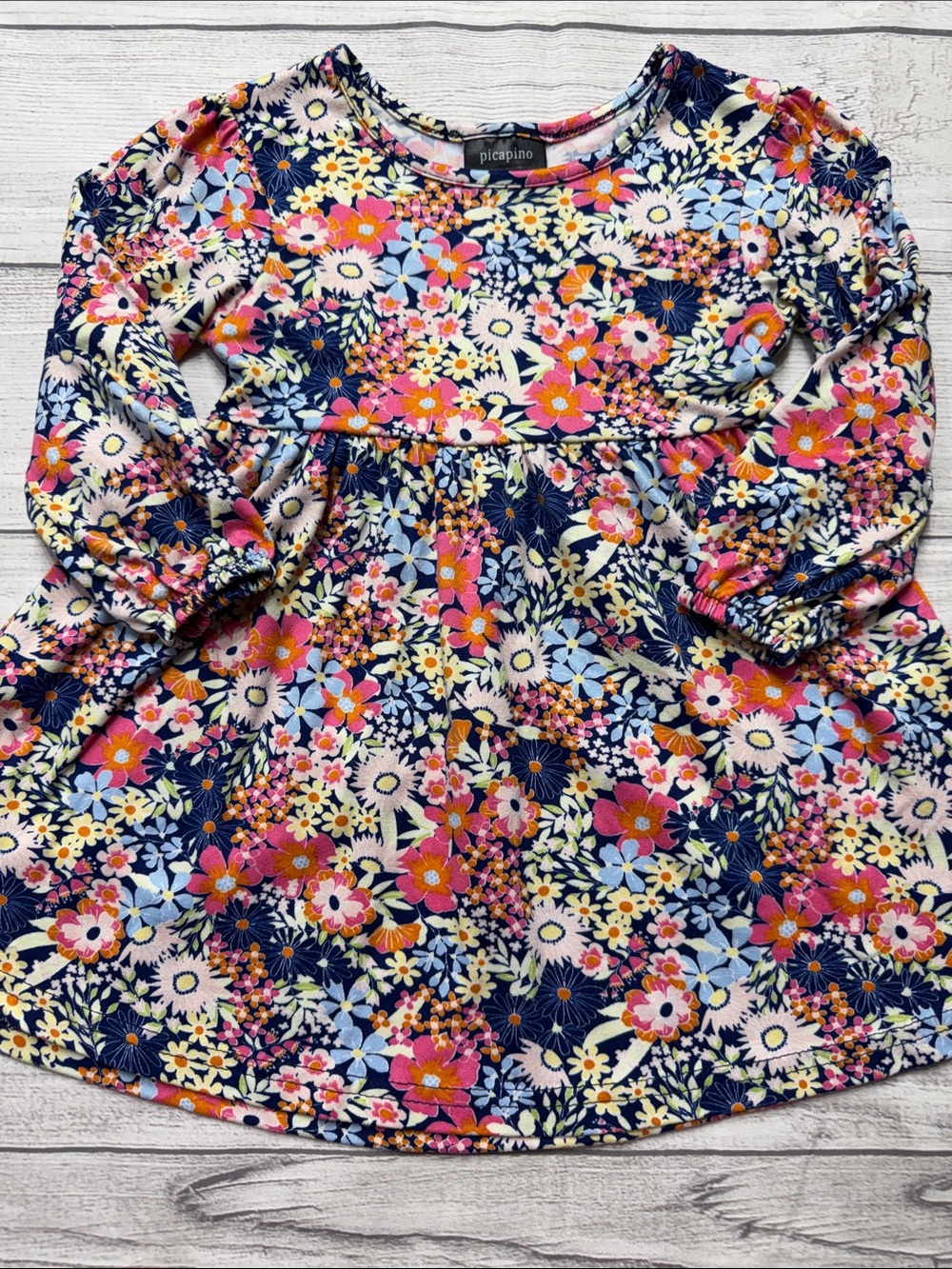 Picapino Baby Girls Navy Floral Long-Sleeve Knit Dress